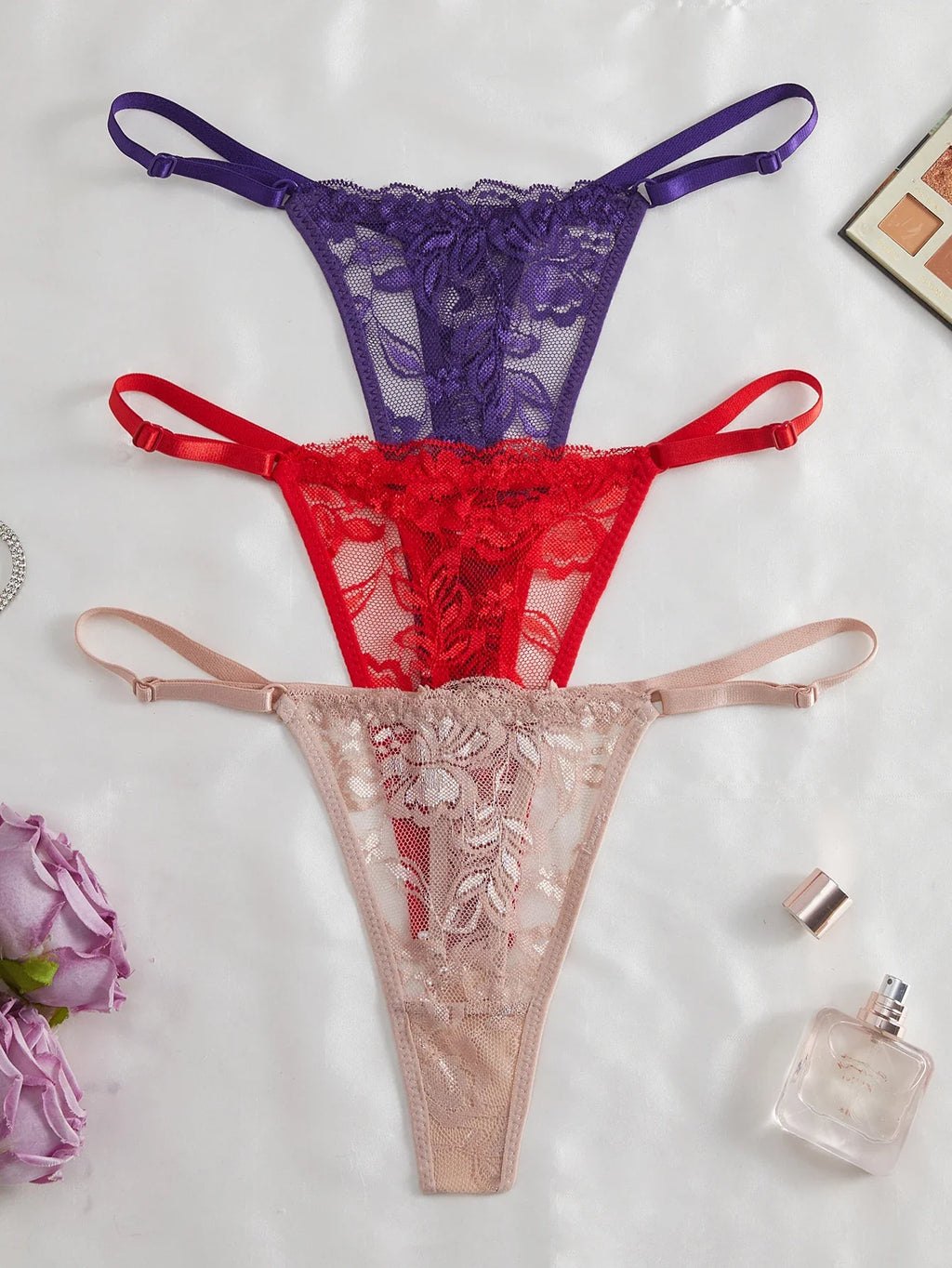 3Pcs/Set Women Sexy Floral Lace Thong Panties Low Waist Hollow Lace Sexy Lingerie Adjustable Thin Strap Underwear