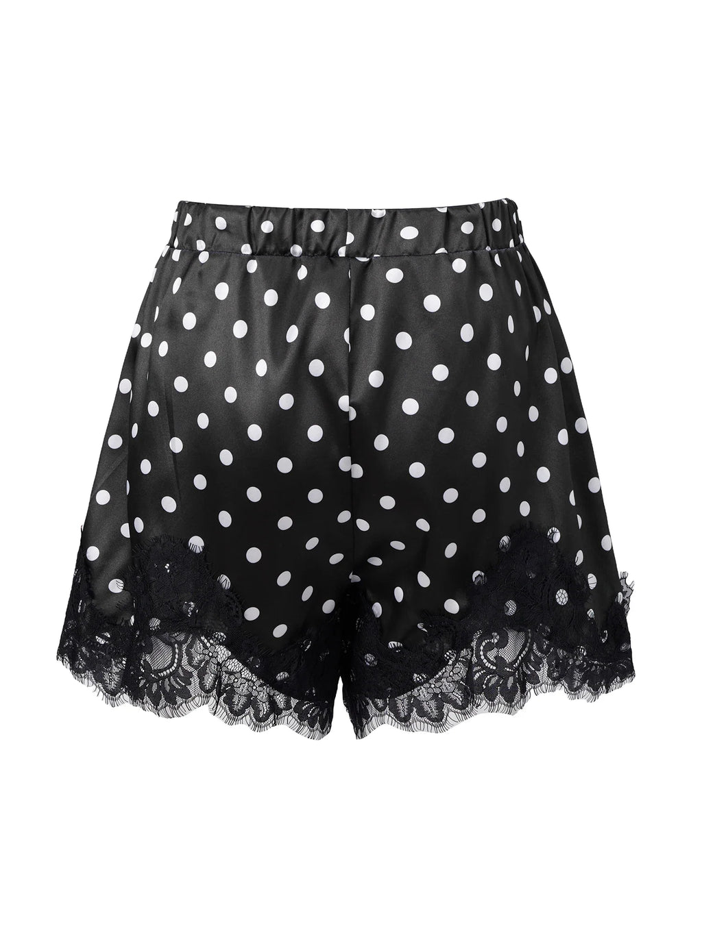 Summer Women's Dots Print Satin Shorts Elastic Waist Loose Lace Trim Hem Short Pants for Daily Casual Lounge Wear