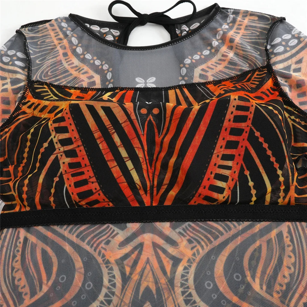 S - XXL 3PCS New Printed Long Sleeve With Pants Sarong Women Swimwear One Piece Swimsuit Female Bather Bathing Suit Swim K7180