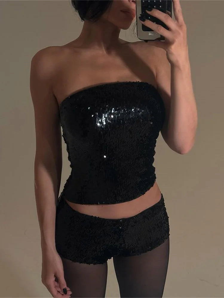 Ahagaga Sexy Club Sequins Women's Suits Sets Fashion Solid Slim Wrapping Chest Sleeveless Tracksuits 2Pcs (Tops+Short Pants)