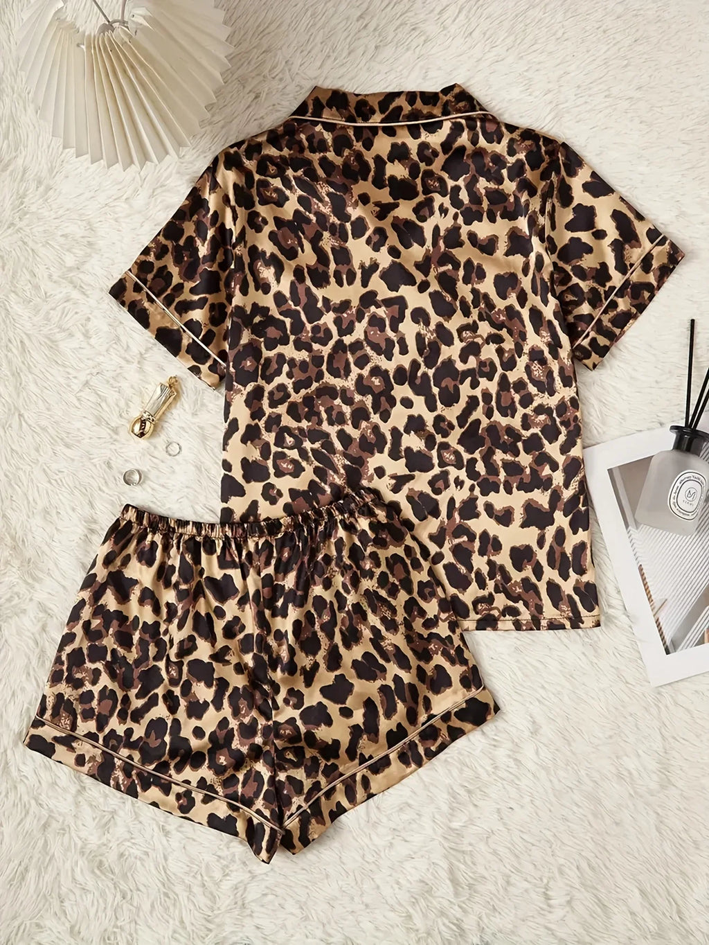 Summer Leopard Print Two Piece Pajama Set Short Sleeve Top and Shorts Sets Women's Sleepwear Home Casual Satin Loungewear