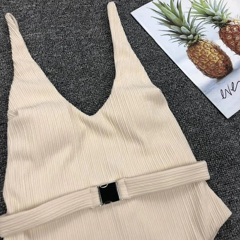 V Neck Ribbed High Cut Women Swimwear One Piece Swimsuit Female Backless Monokini with Waist Belt Bathing Suit Swim Beachwear