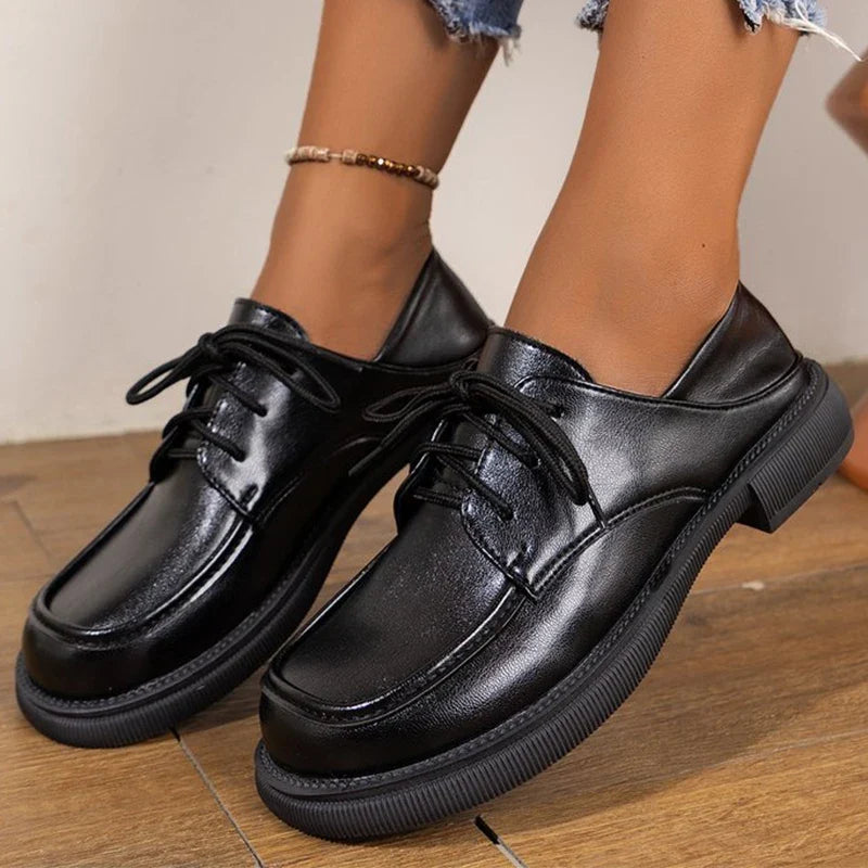 Fashion Faux Pu Leather Loafers Shoes Women 2025 Non Slip Black Lace Up Loafers Round Toe Platform Casual Shoes Female