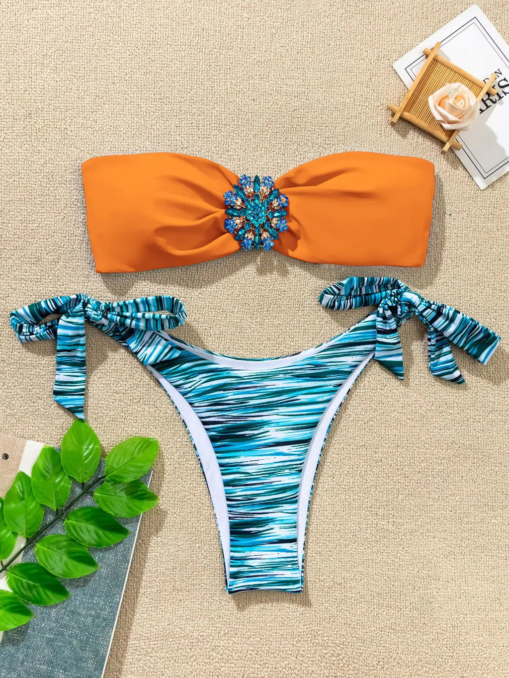 Rhinestone Flower Accessories Swimsuit Women 2026 2-piece Mini Bikini Sexy Strapless Backless Bathing Suit Summer Beach Swimwear