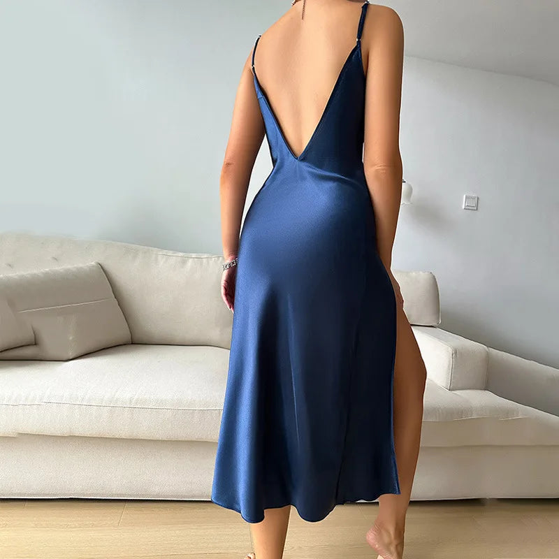 Sexy Solid Silk Satin Slip Nightdress Women's Sleepwear Draped Collar Split Backless Sleep Dress Nightgown Dresses