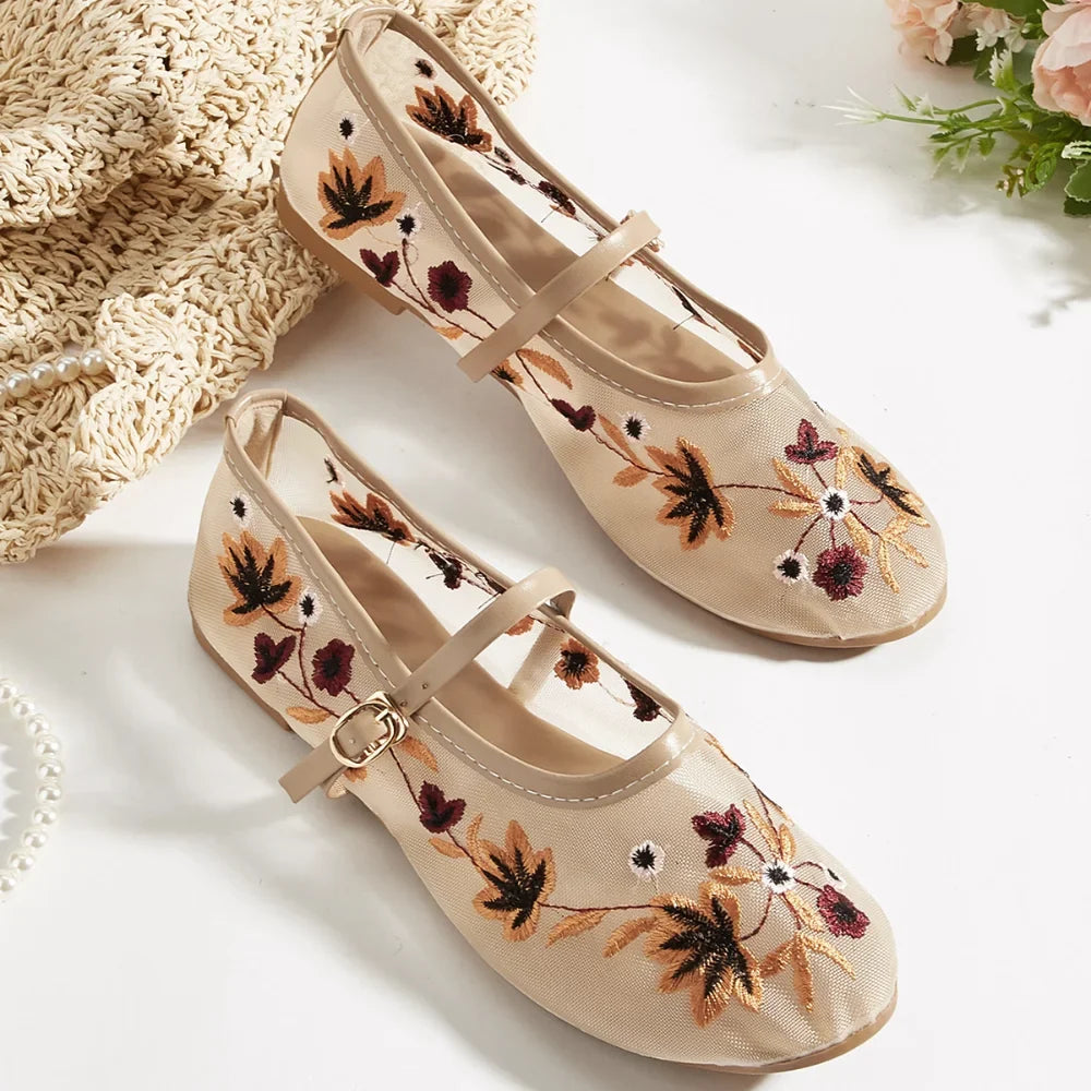 New Summer Women's Lace Flats Shoes Fashion Round Toe Shallow Girls Flower Embroidered Mesh Breathable Soft Sole Single Shoes