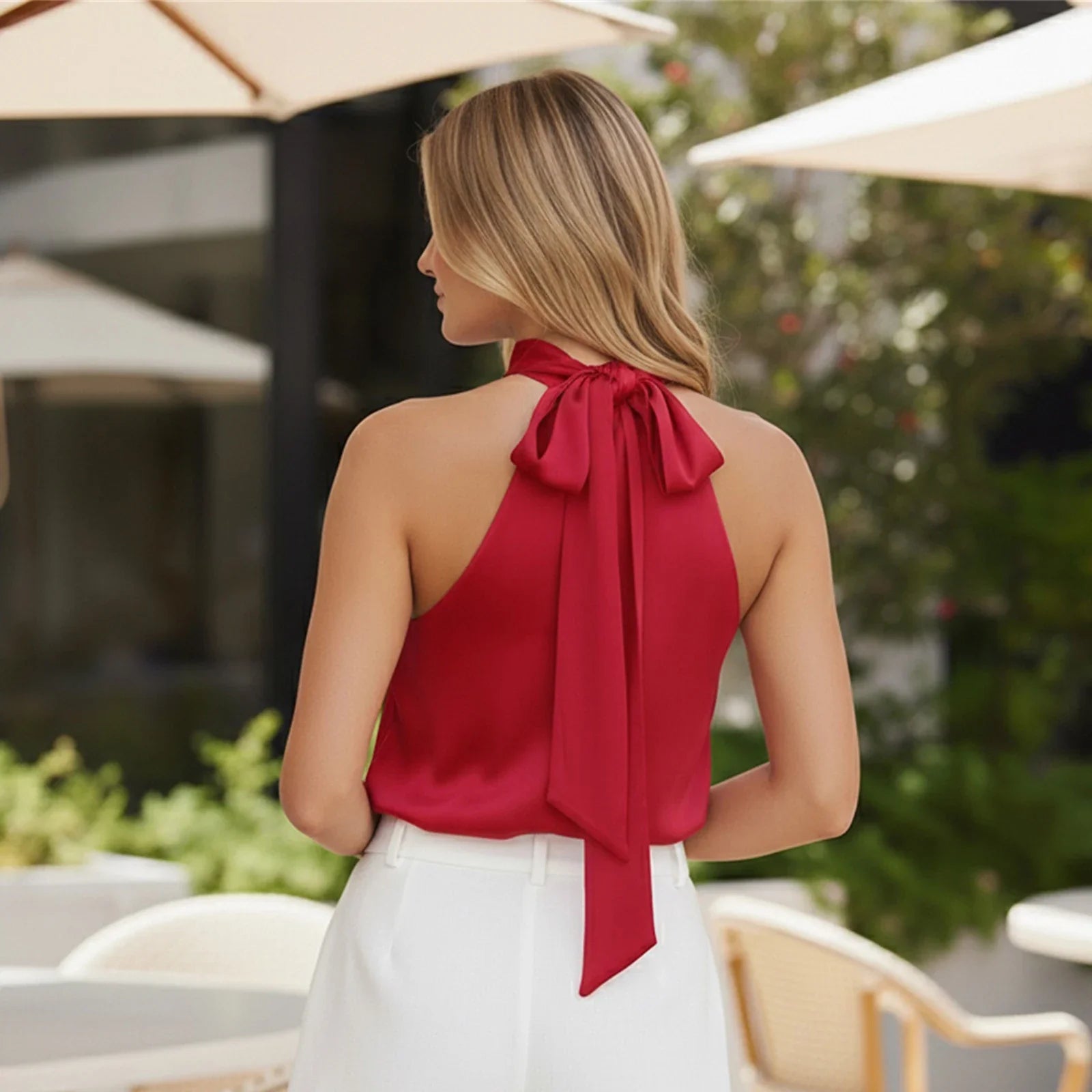 Women's Summer Halter Tank Tops Stylish High Neck Bow Tie Back Sleeveless Solid Color Going Out Vest