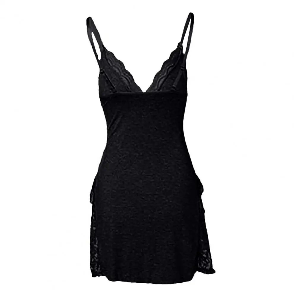 Women Summer Nightdress Backless Deep V Neck Spaghetti Strap Sleeveless Sleepwear Lace Trim Split Hem Nightie Night Slip Dress