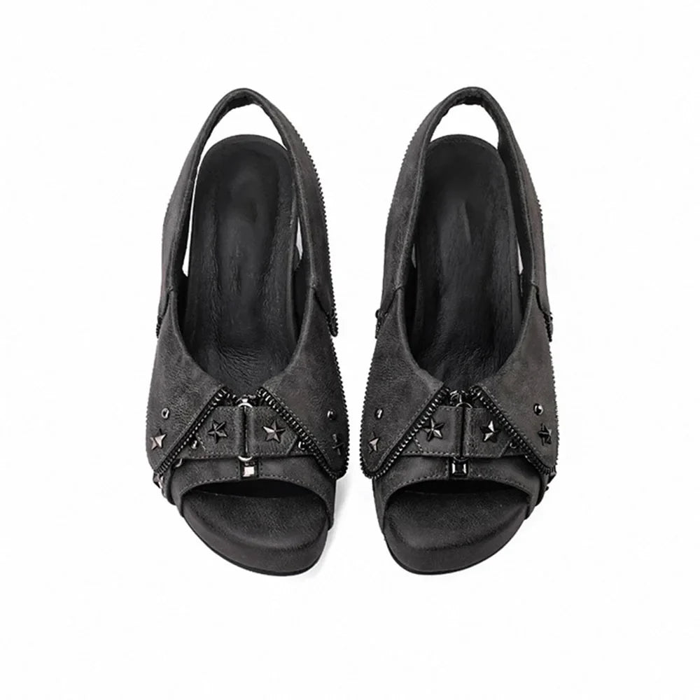 Brand New Women's Y2K Star Rivet Platform Sandals 2000's Peep Toe Slingback Chunky Heel Distressed Denim High Heeled Shoes