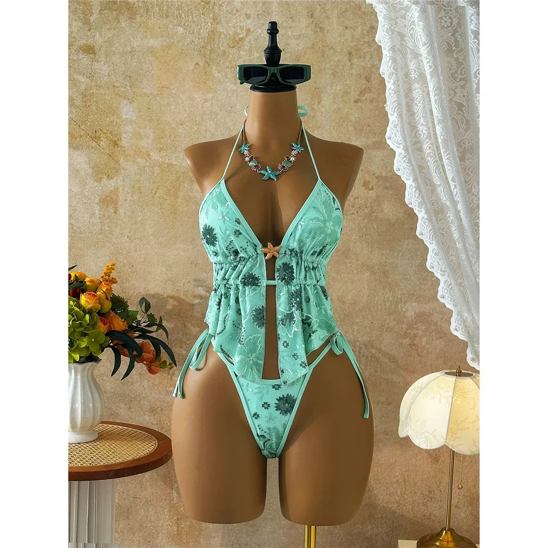Glitter Sequin Printed Tankini Halter Bikini Women Swimwear Female Swimsuit Two-pieces Bikini set Bather Bathing Suit Swim V8067