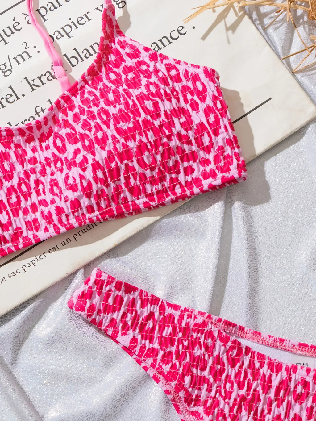 Sexy Wrinkled Bandeau Leopard Print Bikinis Sets Two Pieces Thong Swimsuits Beachwear Bathing Suit Swimwear Biquini