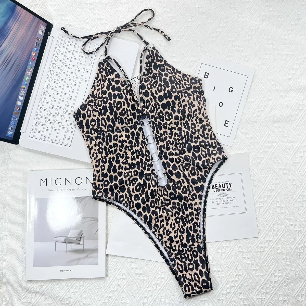 2026 New Sexy One Piece Swimsuit Swimwear Women Leopard Hollow Halter One-piece Bathing Suit Beachwear Metal Ring Decor Bikinis