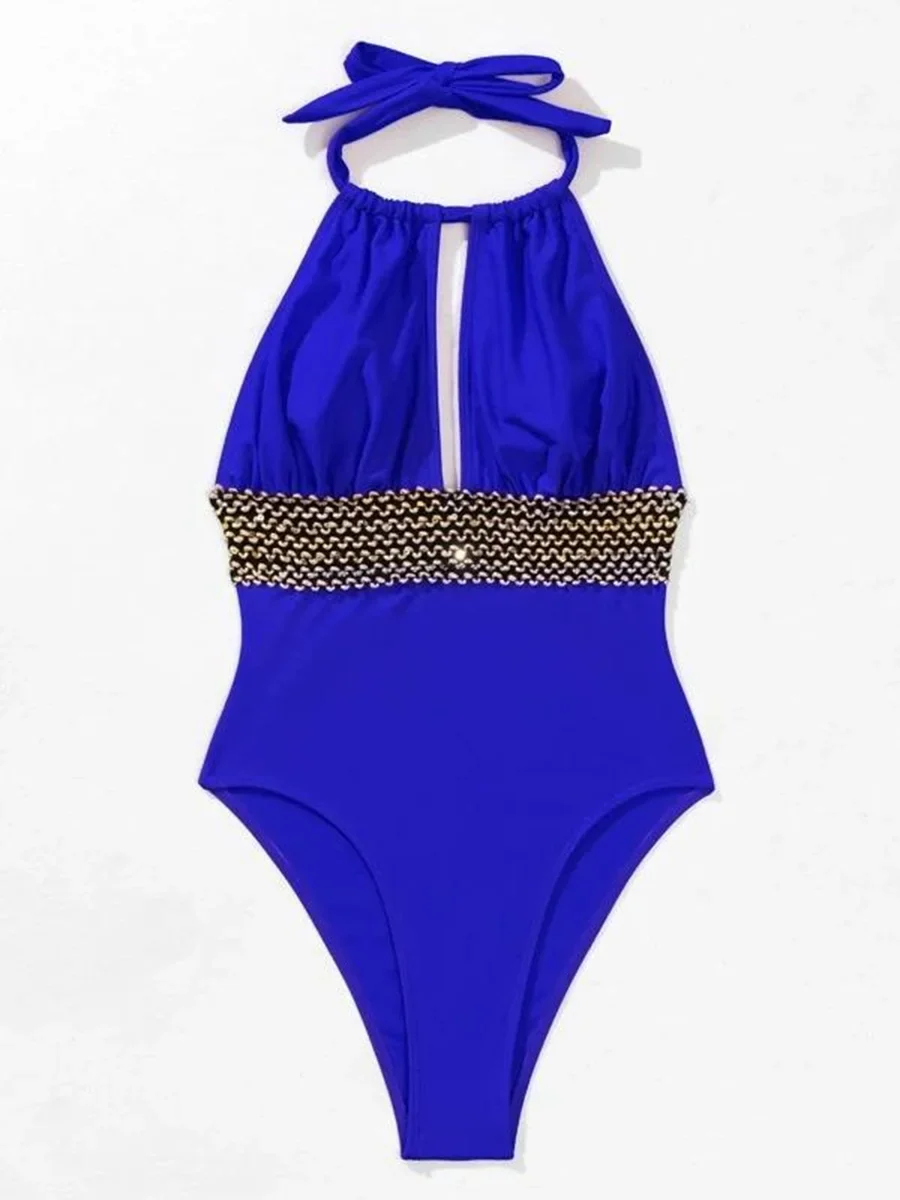 2026 Halter Swimsuit Metal Chain Solid Swimwear Women Bathing Suit Female Padded Monokini Swimming Summer Beachwear Bodysuit