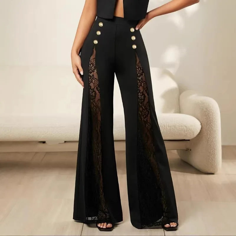 2026 Women's Solid Color Lace Spliced   Flare Pants Trousers