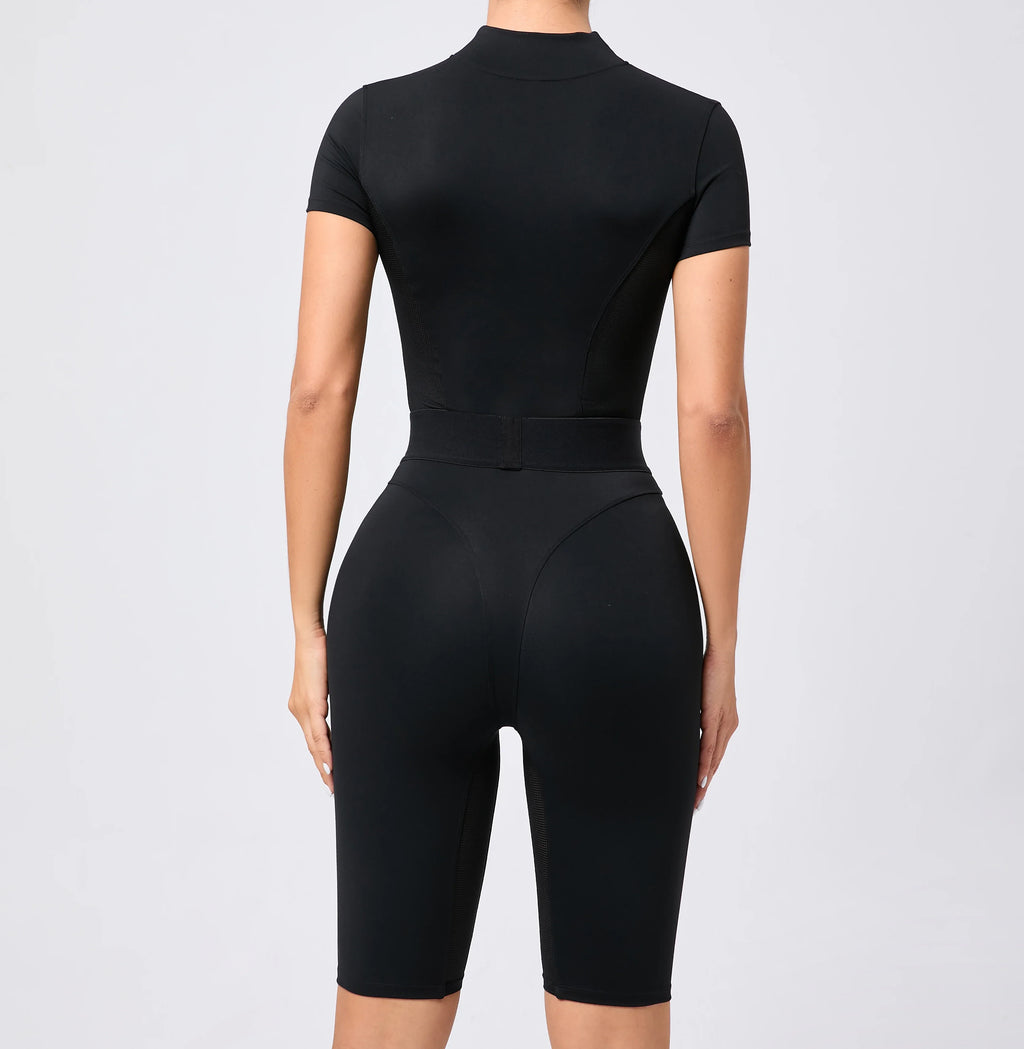 Women's One-Piece Suit Zipper Short Sleeve Gym Push Up Workout Clothes Fitness Short Bodysuit Sportswear Jumpsuits