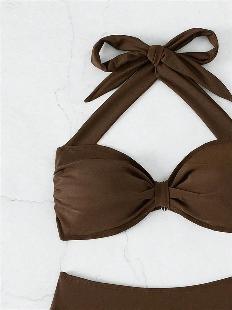 Sexy Front Tie Bikini Set Women Brown Halter Push Up Padded Micro Swimsuit 2025 Summer Bathing Suit High Waist Swimwear Biquini