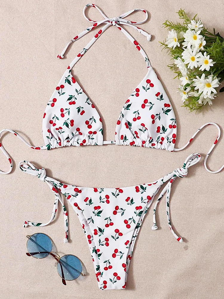 With Mesh Sarong Skirt Cherry Printed Bikini Female Swimsuit Women Swimwear Three Pieces Bikini Set Bathing Suit Swim Beachwear