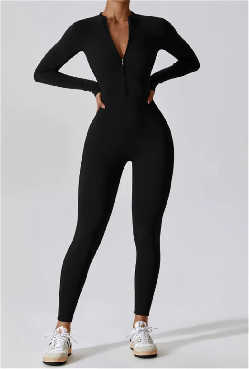Half zip integrated long yoga jumpsuit solid color sexy long sleeved integrated sportswear for women
