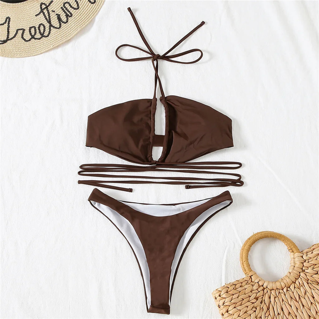 Solid Color Bikini Sexy Hollow Out Bandage Cross Thong Swimwear Women Halter Backless Bathing Suit High Waist Swimsuit 2026 New