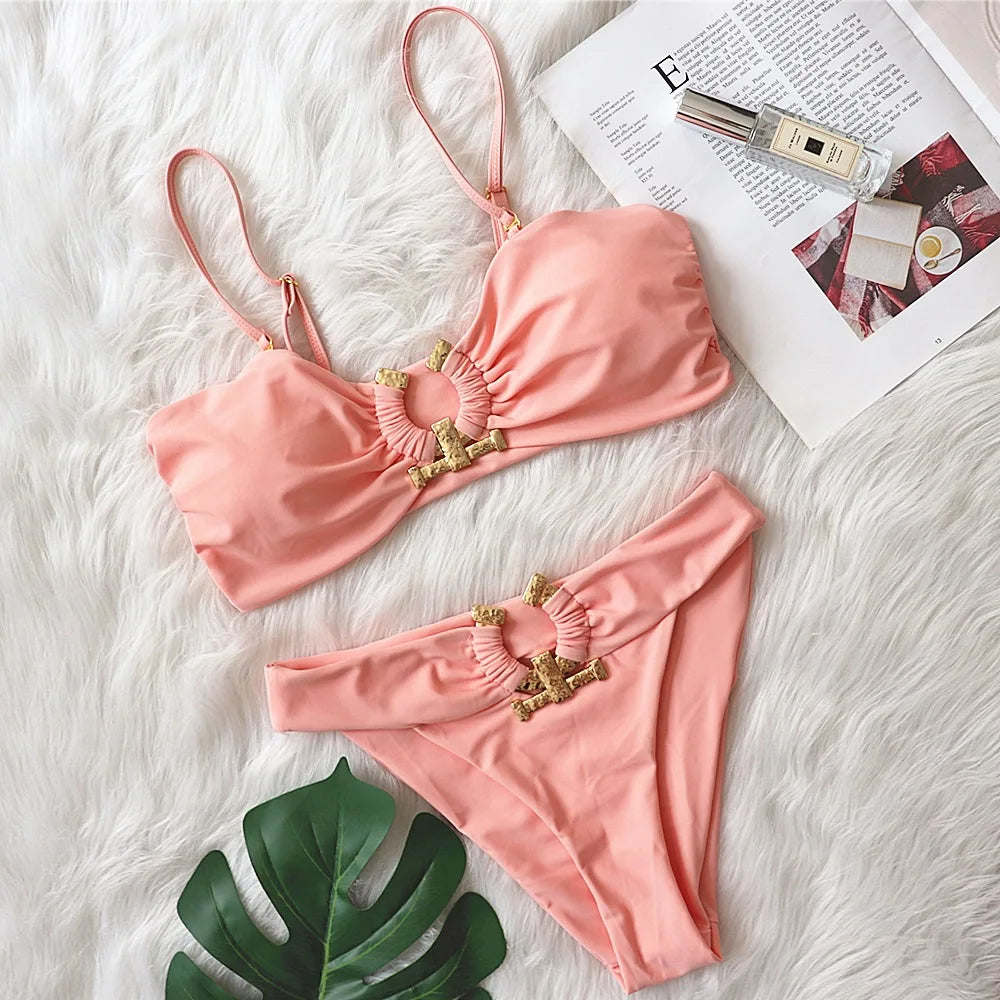 9 Colors Sexy Bikini Women Swimwear Swimsuit High Waist Metal Decor Leopard Print Female Bikinis Set Bathing Suit Beach Biquinis