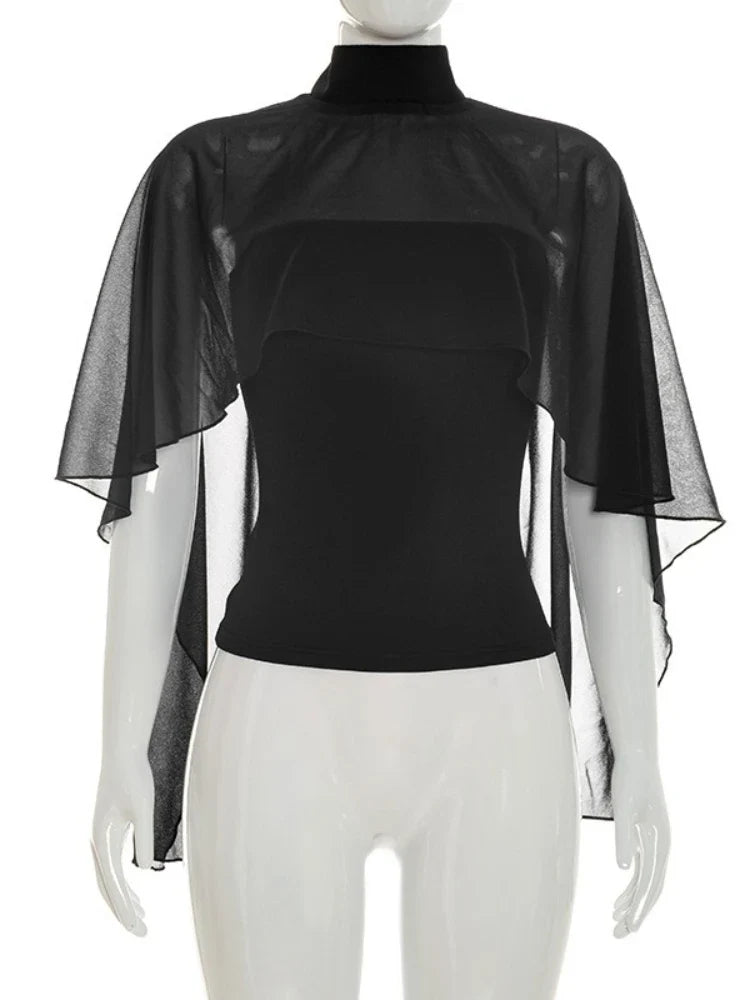 FDYOUI Woman Black Corset with Cover-ups 2-piece Sets Chic Sexy Hollow Out Evening Party Tops Female Blouses Shirts High Street