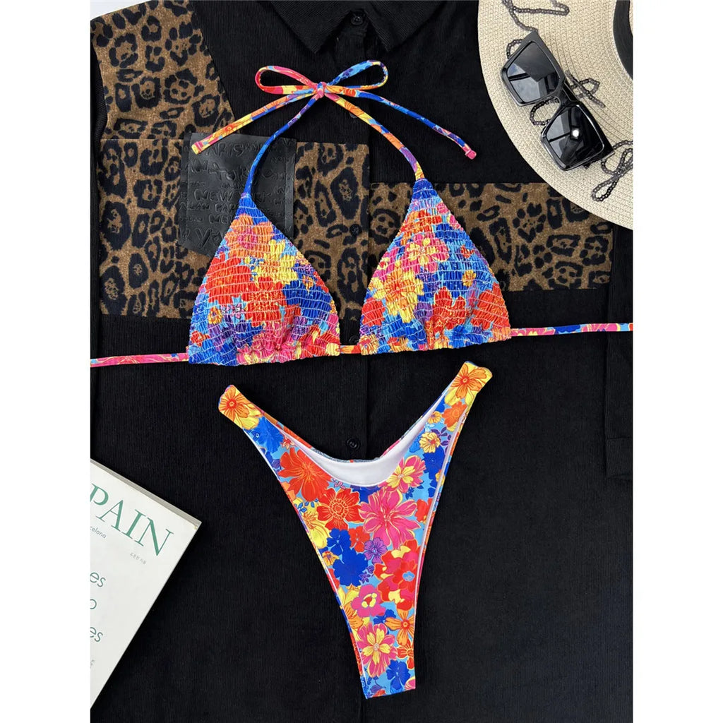 Sexy Floral Printed Halter Brazilian Bikini Female Swimsuit Women Swimwear Two-pieces Bikini set Bather Bathing Suit Swim V4667