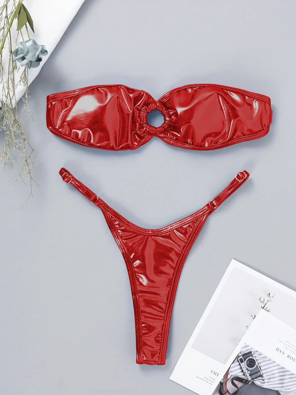 DEKA Sexy Shiny Gold Bandeau Bikini Set Women Ring Linked Hollow Out Push Up Bra Micro Swimsuit Bathing Suit Thong Swimwear
