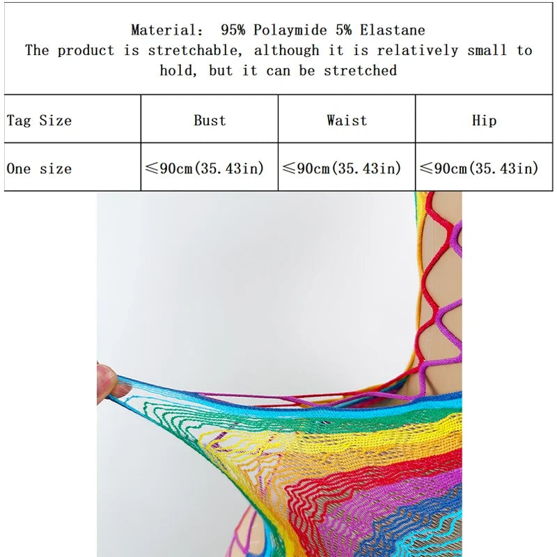 Rainbow Fishnet Women Sexy Beach Cover Up Dress Stretch See Through Sleeveless Swimsuit Cover up Mini Beachwear without Bikini