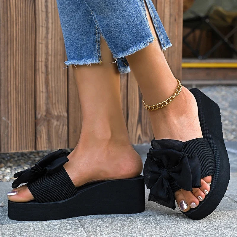 2026 Summer Big Bowknot Platform Slippers Women Plus Size 42 Open Toe Wedges Sandals Woman Lightweight Casual Beach Flip Flops