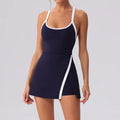 Color Contrast Tennis Dresses Women Beautiful Back Hollow Back Cross Split Skirt Pocket Sports Fitness One-piece Yoga Golf Suit