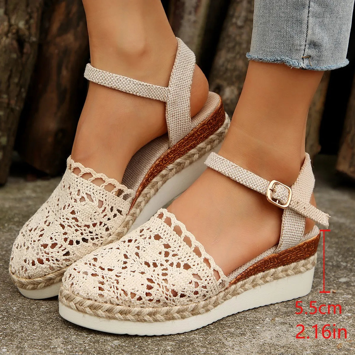 Hollow Fabric Roman Shoes Summer Travel Round Head Wedge Toe Fashion Sandals Comfortable Thick-sole Women's Shoes 2026