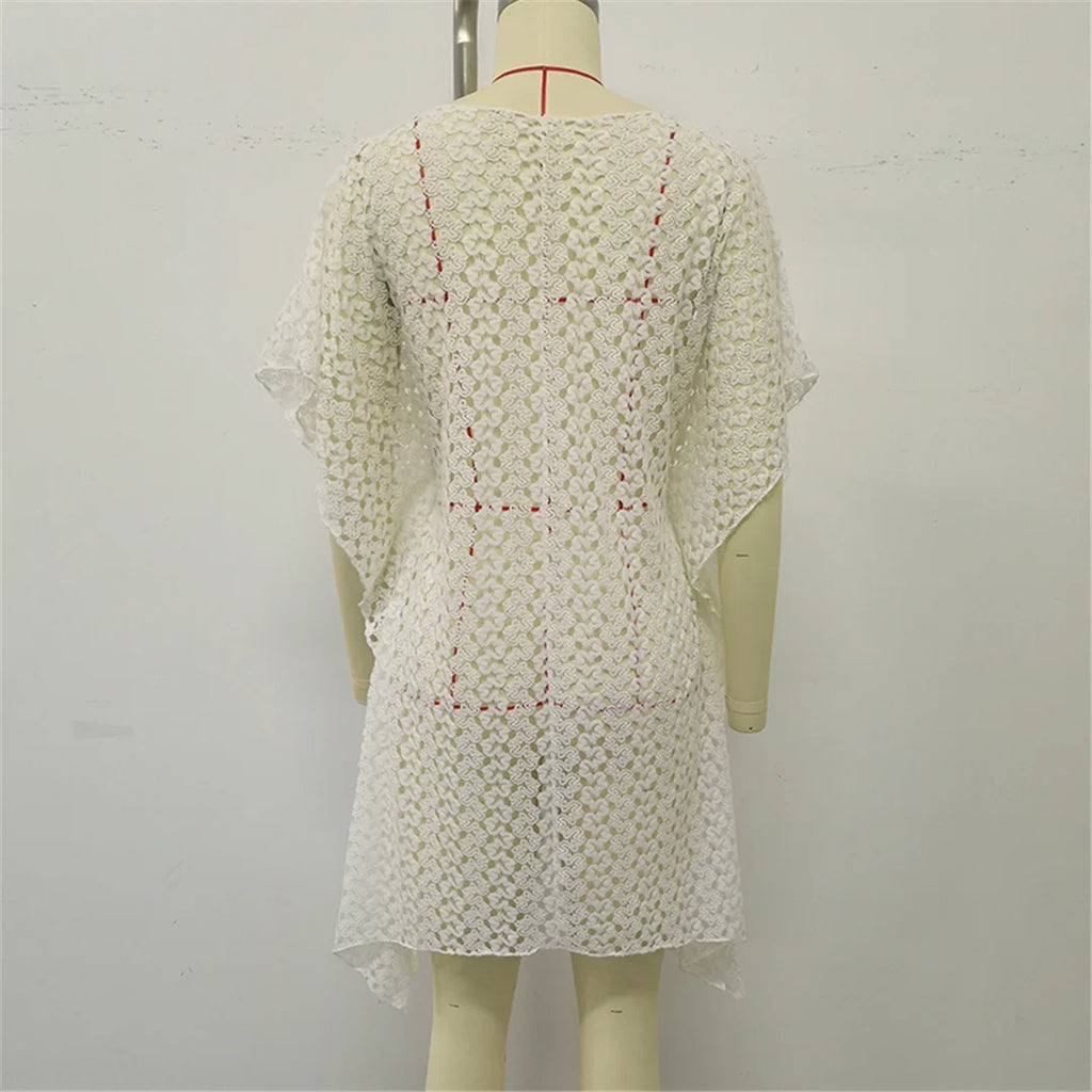 2025 V Neck Short Sleeve Hollow Out Knitted Tunic Beach Cover Up Cover-ups Beach Dress Beach Wear Beachwear Female Women K6535