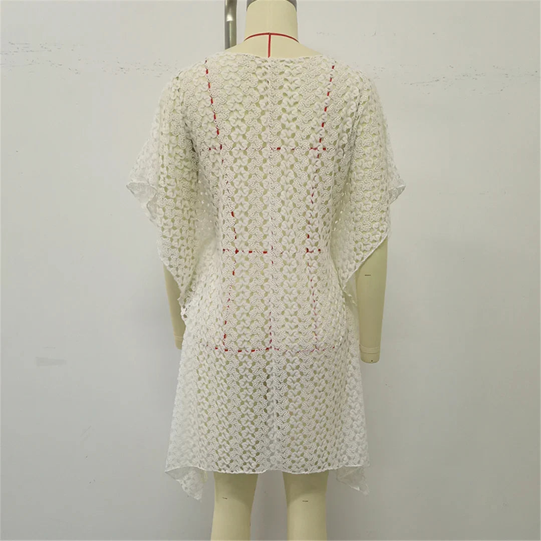 2025 V Neck Short Sleeve Hollow Out Knitted Tunic Beach Cover Up Cover-ups Beach Dress Beach Wear Beachwear Female Women K6535