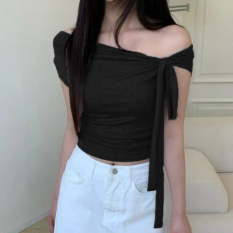 Korean Style Solid Color Women's Top Casual Slash neck Crop Top Fahionable Slim Fit White Tee Lady Summer Night Out Dress up