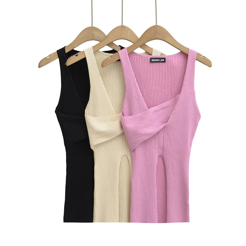 Stylish Cross-over Irregular Neckline Sleeveless Knitted Vest For Women Niche Sexy Slit Slim-fit Top CasualPure Desire 0FY1