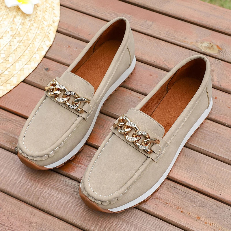 Fashion Metal Chain Soft Sole Flats Shoes Women Spring Autumn Pu Leather Platform Loafers Woman Slip On Non Slip Casual Shoes