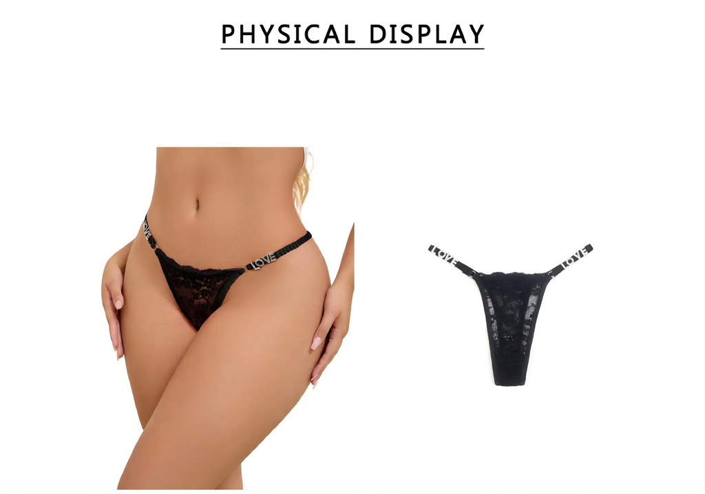 Black Lace Panty for Women Rhinestone Letter Decor Cotton Lined Thong Underwear Sexy Plus Size