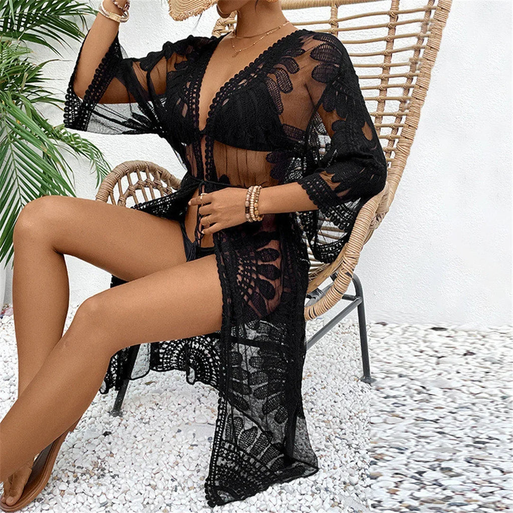 Sexy Embroidery Half Sleeve Chiffon Cardigan Tunic Beach Cover Up Cover-ups Beach Dress Beach Wear Beachwear Female Women V5510