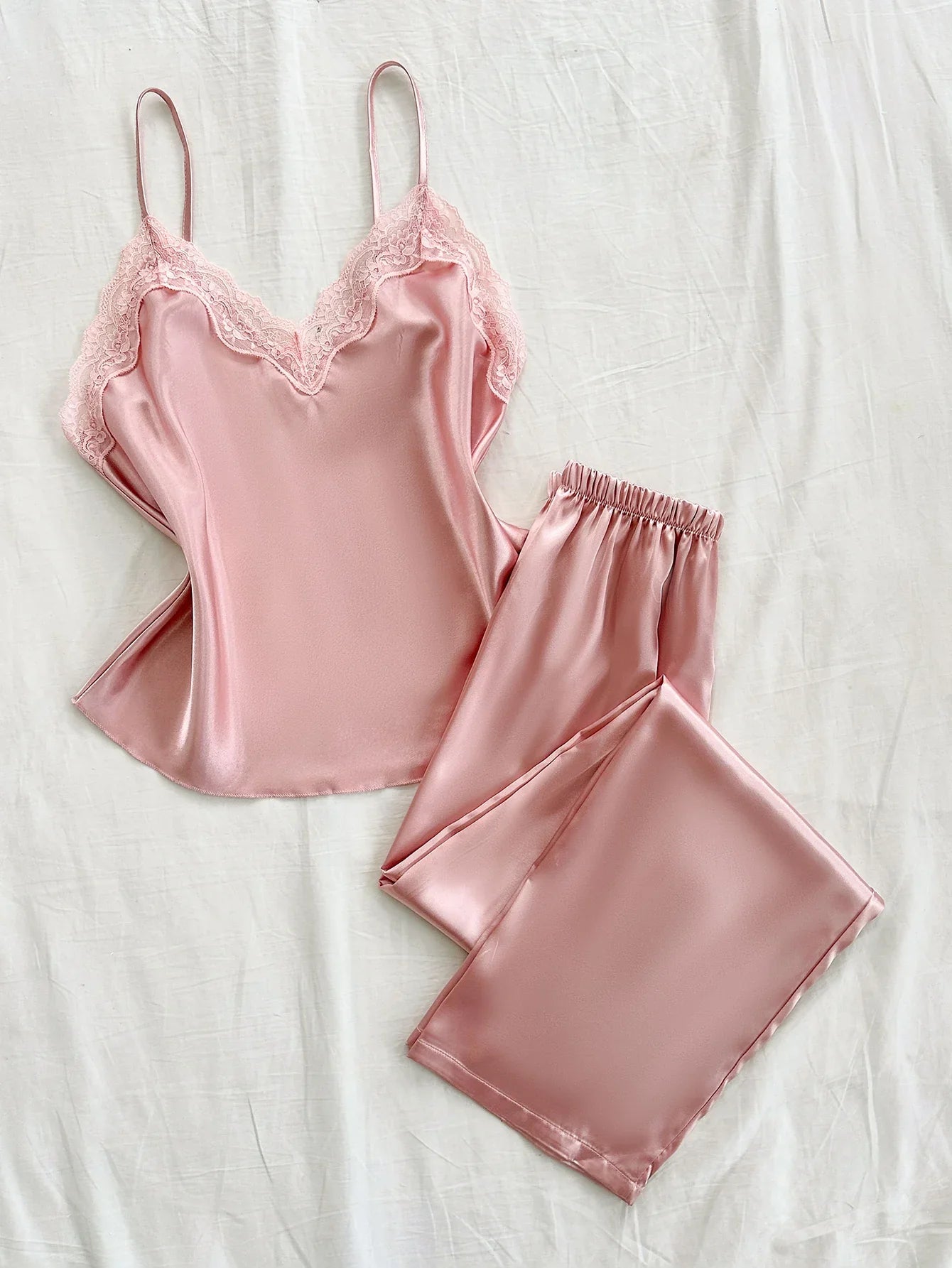Two Piece Women's Pajamas Set with V Neck Lace Design Top Long Pants Fashionable And Comfortable For Spring And Summer Seasons