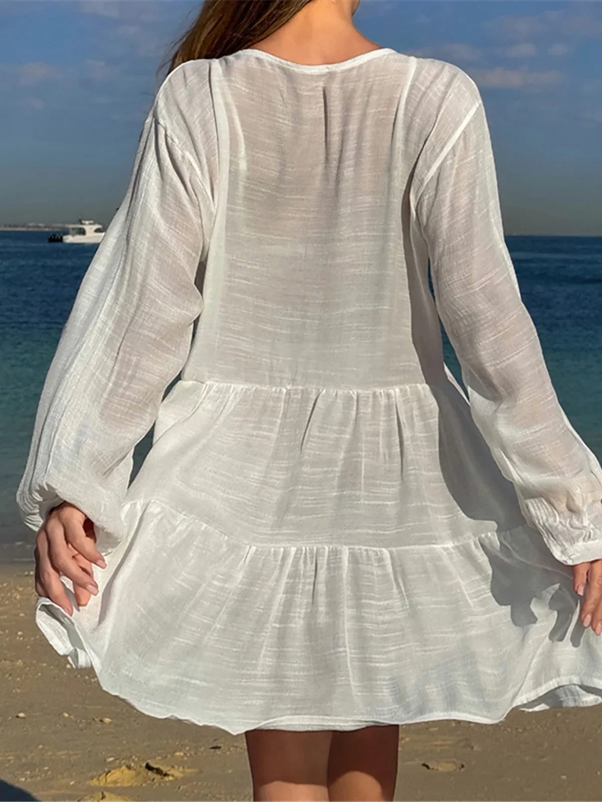 2025 Long Sleeve Hollow Out Crochet Knitted Tunic Beach Cover Up Cover-ups Beach Dress Beach Wear Beachwear Female Women K6674
