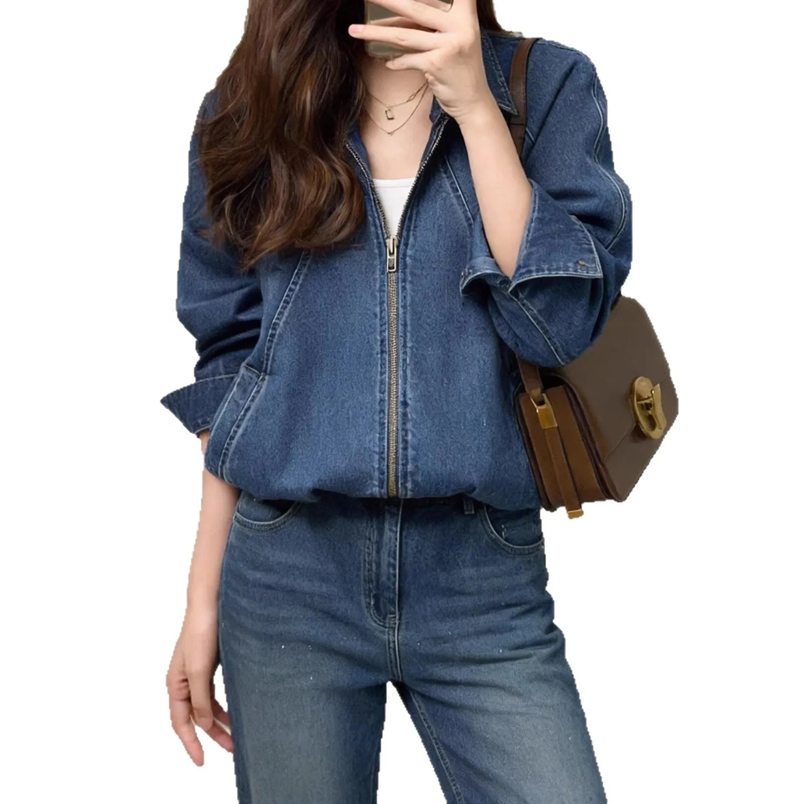 Spring denim shirt petite short denim lapel jacket