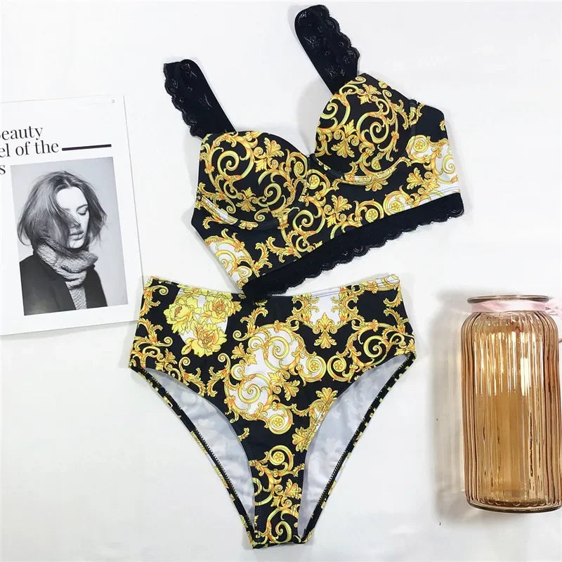 Printed Bra Cup Bandeau Bikinis Female Swimsuit High Waist Bikini Women Swimwear Two Pieces Bikini Set Push Up Bathing Suit Swim