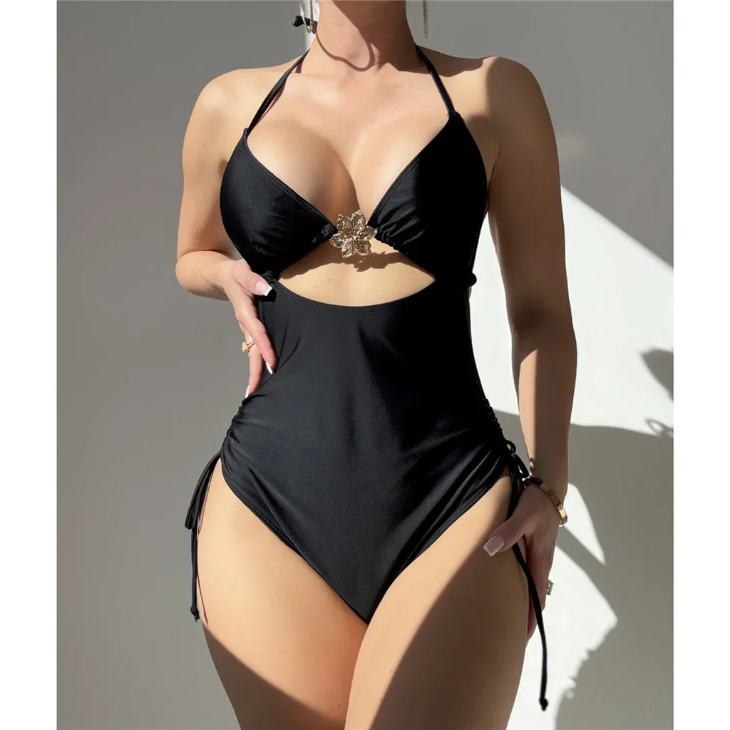 S - XL Metal Flower Cut Out Halter Women Swimwear One Piece Swimsuit Female Backless High Leg Cut Bather Bathing Suit Swim K7446