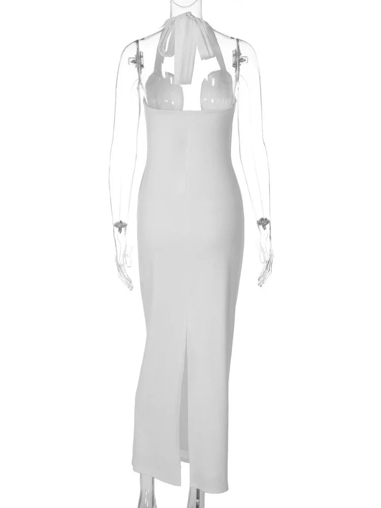 FDYOUI Elegant Chic Halter Hollow Out Bodycon Evening Dress for Women 2026 Summer Backless Sleeveless Long Wedding Party Dresses