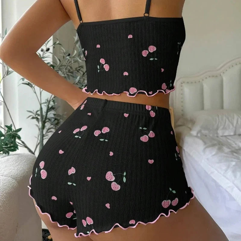 Women's Heart Print Sexy Ribbed Bow Decor Pajama Set, Round Neck Backless Comfortable Crop Cami Top & Shorts, Summer Nightwear
