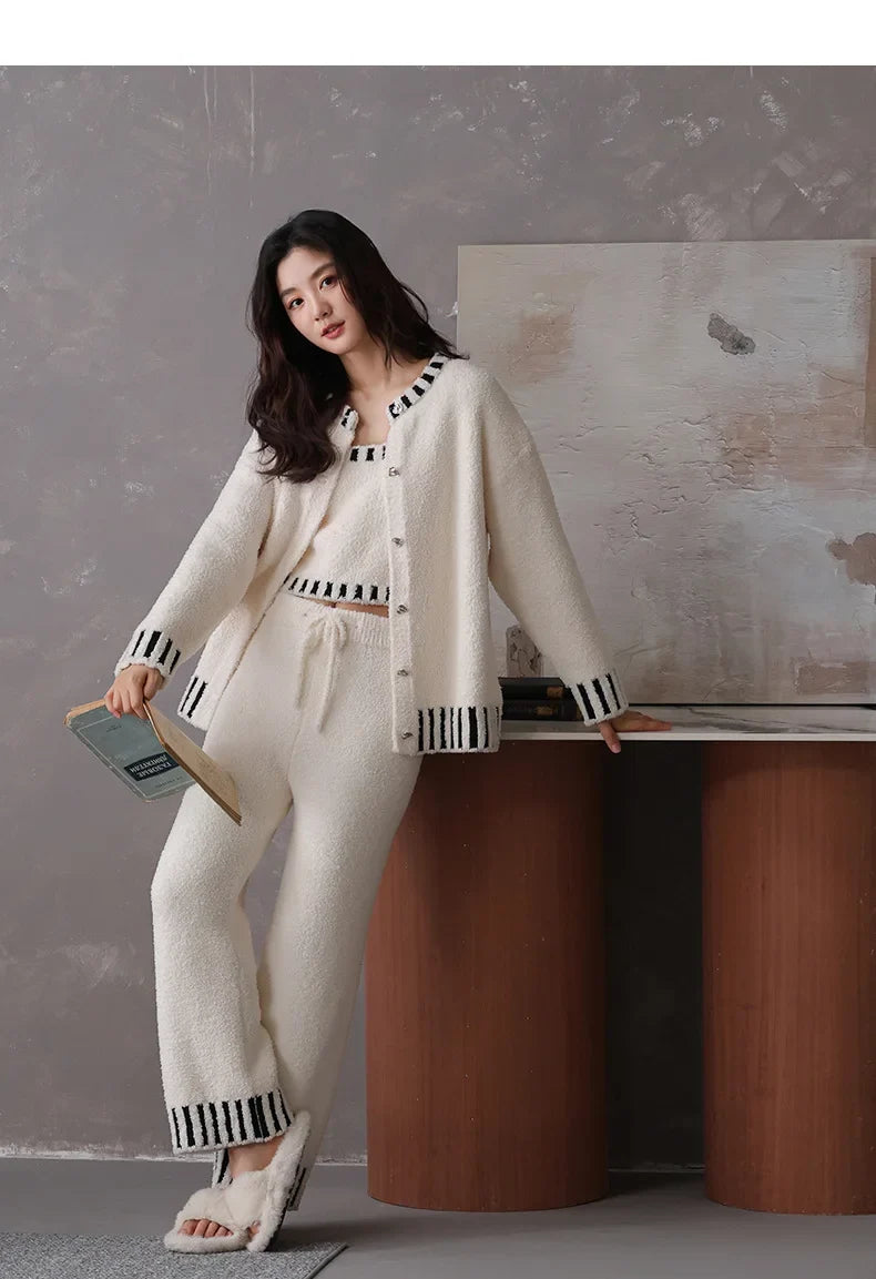 Women's Autumn and Winter Pajamas 3-Piece Set Soft and Half Velvet Thickened and Warm