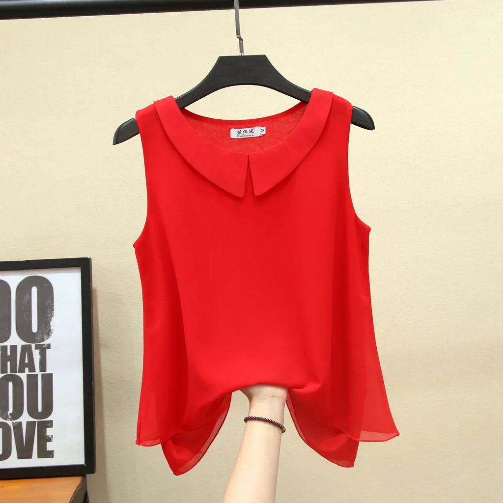 MOYISU New Arrival Summer Plus Size Outside Wear Large Size Doll Collar Loose Sleeveless Chiffon Vest Top Woman