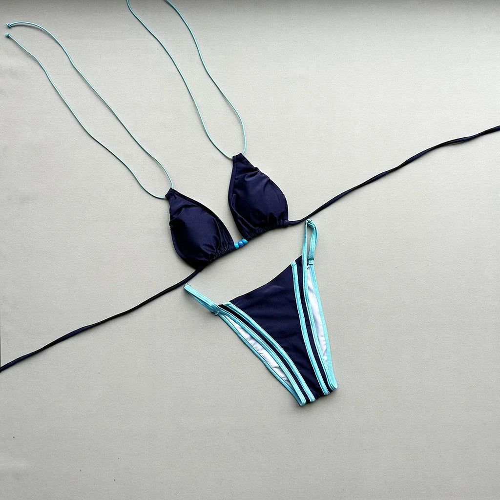 2026 Summer Women's Micro Bikini Set Sexy Lace-up Backless Swimsuit Patchwork Push Up Thong Swimwear Biquini Low Waist Biquinis