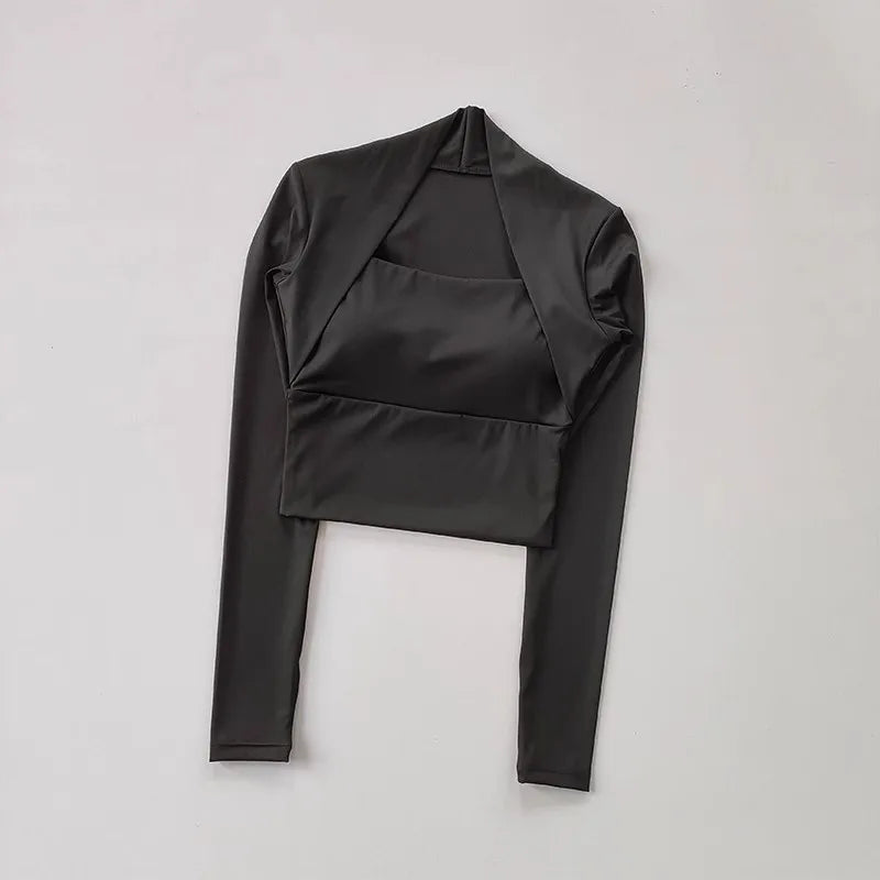 Women's Long Sleeve Fitness Sports Top Elegant Dance Yoga Shirt with Chest Cushion Small Waistband for Gym Speed up Short