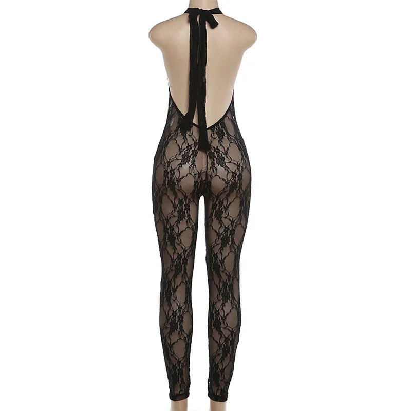 Women Halter Neck Lace Mesh Jumpsuit Sheer See Through Sleeveless Backless Bodycon Romper Y2K Clubwear Party Nightclub Outfit